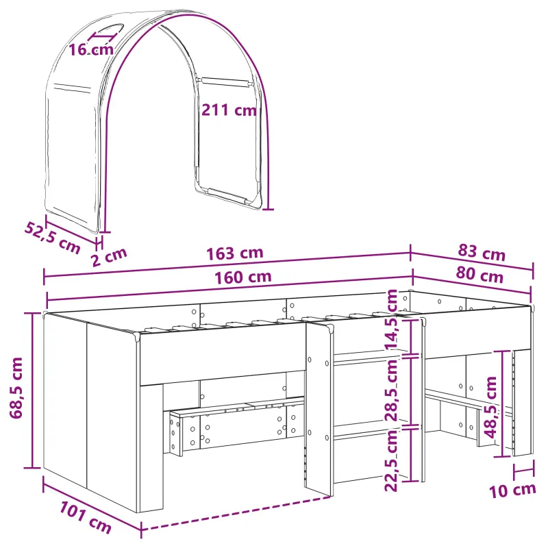 Lova su Tuneliu 4 pcs Balta Apdirbta mediena