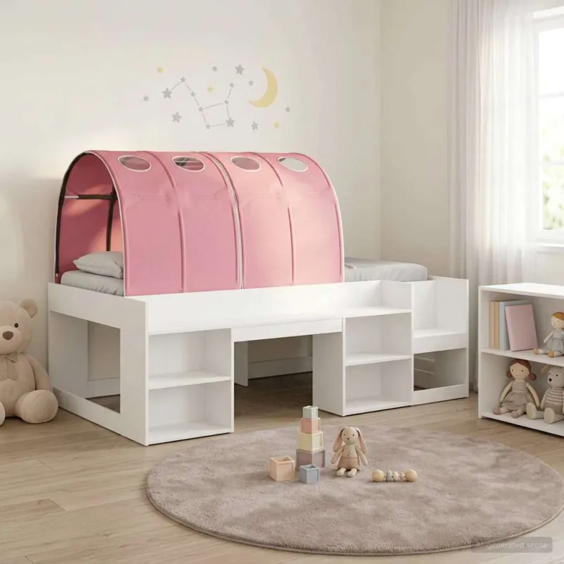 Vaikų aukšta lova su saugojimo vieta Balta ir rožinė