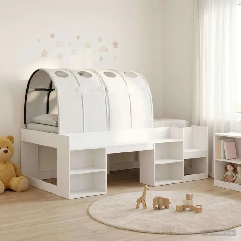 Lovos rėmas su tuneliu su lentyna 3 pcs Balta Apdirbta mediena