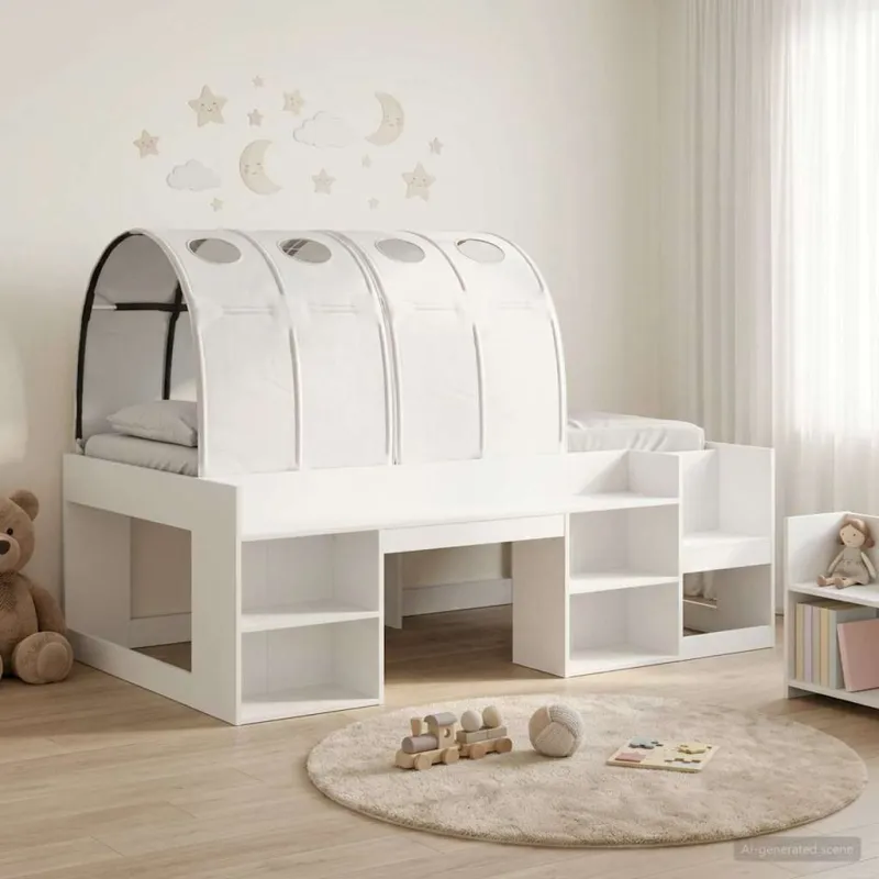 Lovos rėmas su tuneliu su lentyna 3 pcs Balta Apdirbta mediena