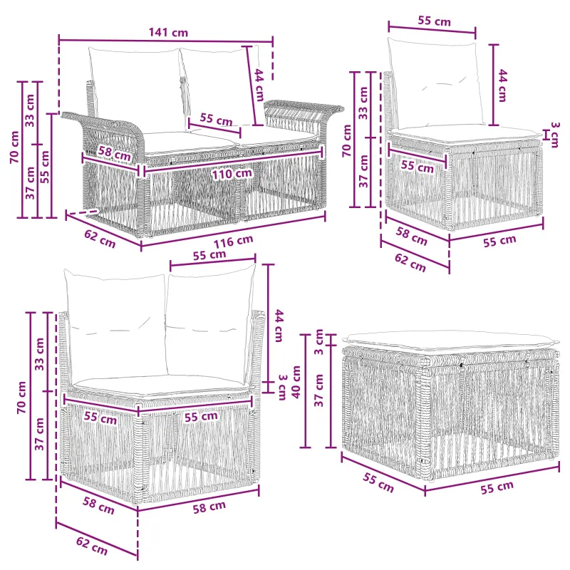 Sodo Sofų Rinkinys 7 pcs Juoda poliratanas