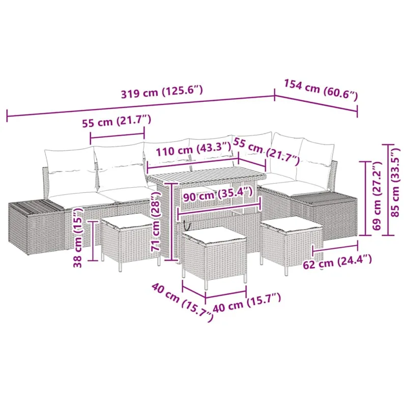 Sodo sohvaryhmä tyynyillä, 10 osaa, hiekanvärinen polyrataani