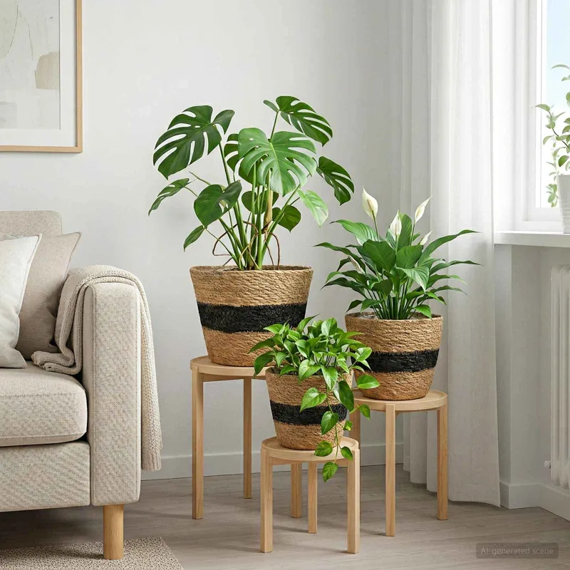 Jūros žolės augalų krepšiai 3 pcs Natūrali ir juoda Ø26 x 19 cm