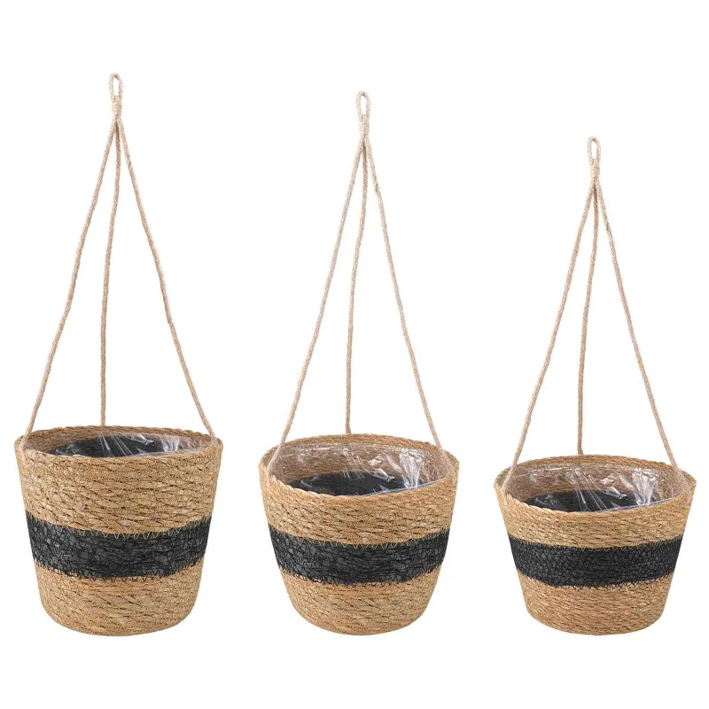 Jūros žolės augalų krepšiai 3 pcs Natūrali ir juoda Ø26 x 19 cm