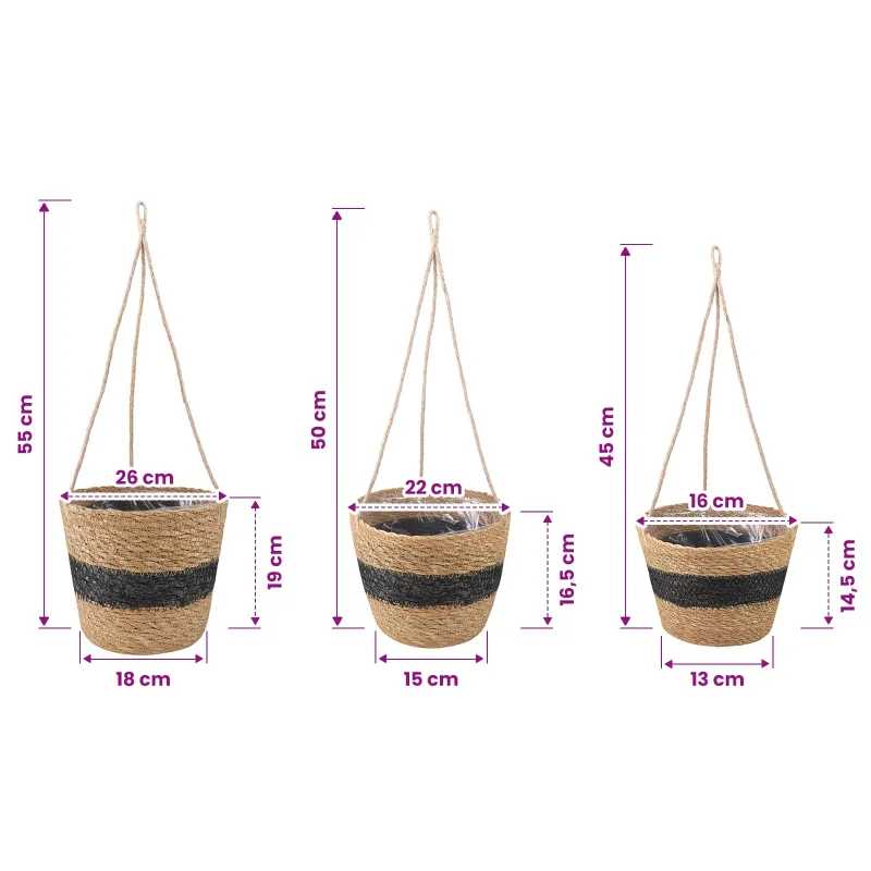 Jūros žolės augalų krepšiai 3 pcs Natūrali ir juoda Ø26 x 19 cm