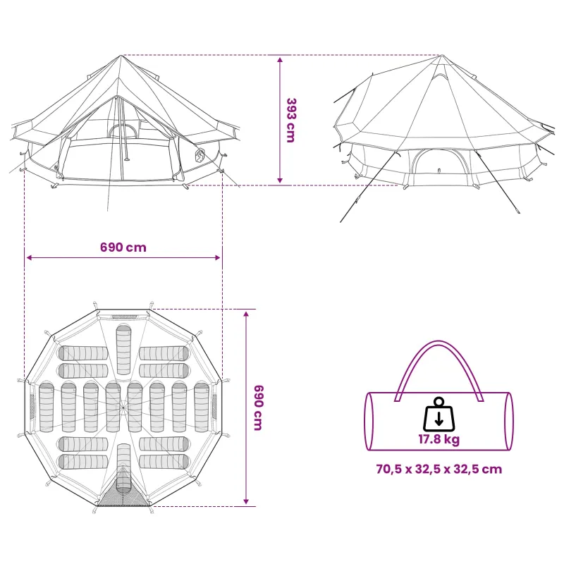 Tipi palapinė su stogu Ruda Pilka 700 x 700 x 395 cm