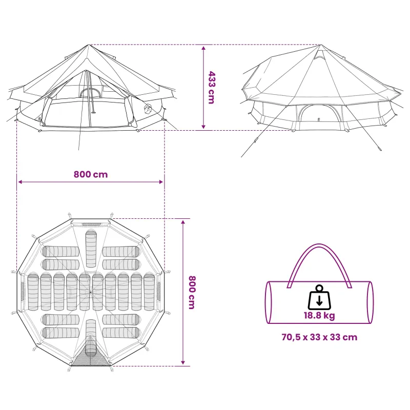 Tipi palapinė su stogu Ruda Pilka 800 x 800 x 430 cm