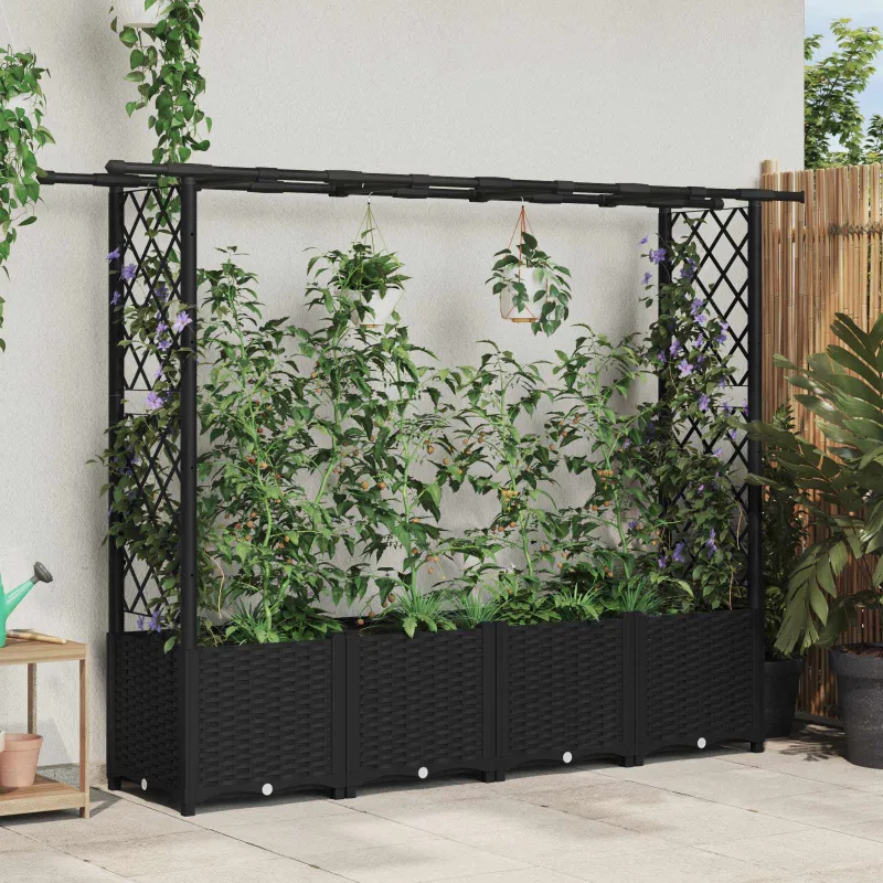 Pakeltas lovas su trelėmis ir stogu Juodas 203 x 40 x 138 cm PP