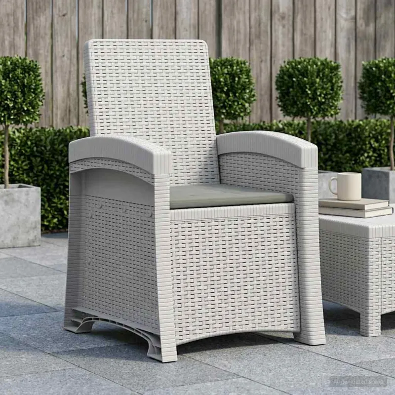 Atlošiamas sodo krėslas su rataniniu vaizdu