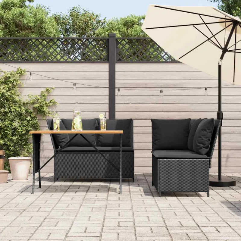 Sodo komplekti, 3 osaa, musta, polyrattani, pehmusteilla