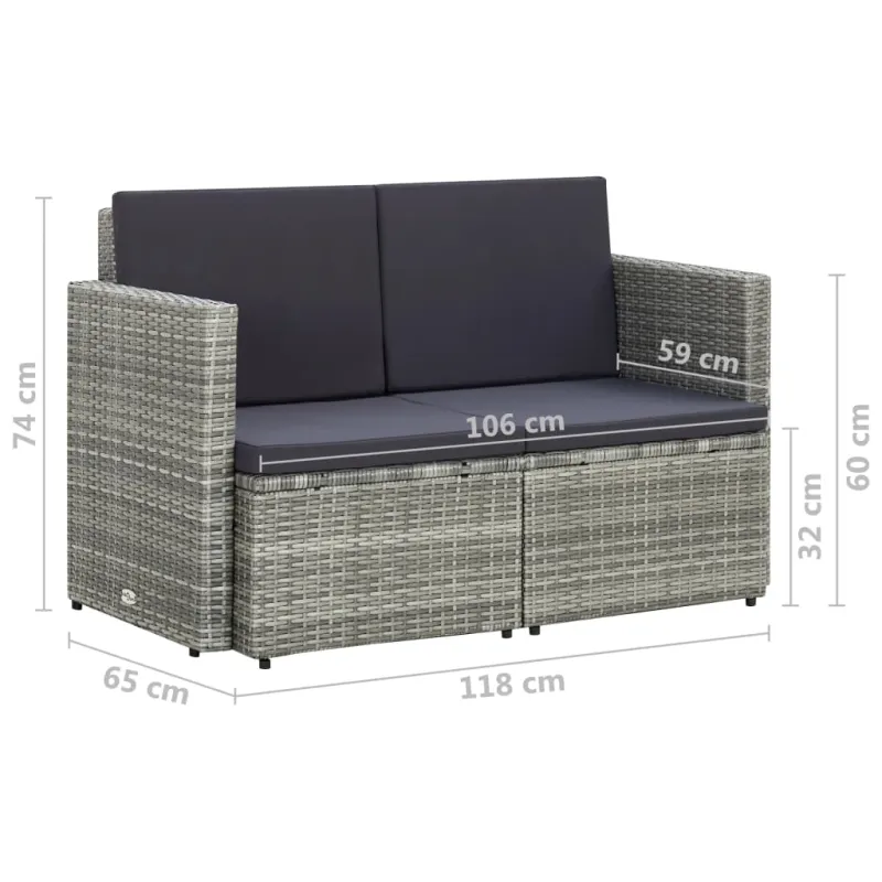 Dvivietė sodo sofa su pagalvėlėmis, pilkos spalvos, poliratanas
