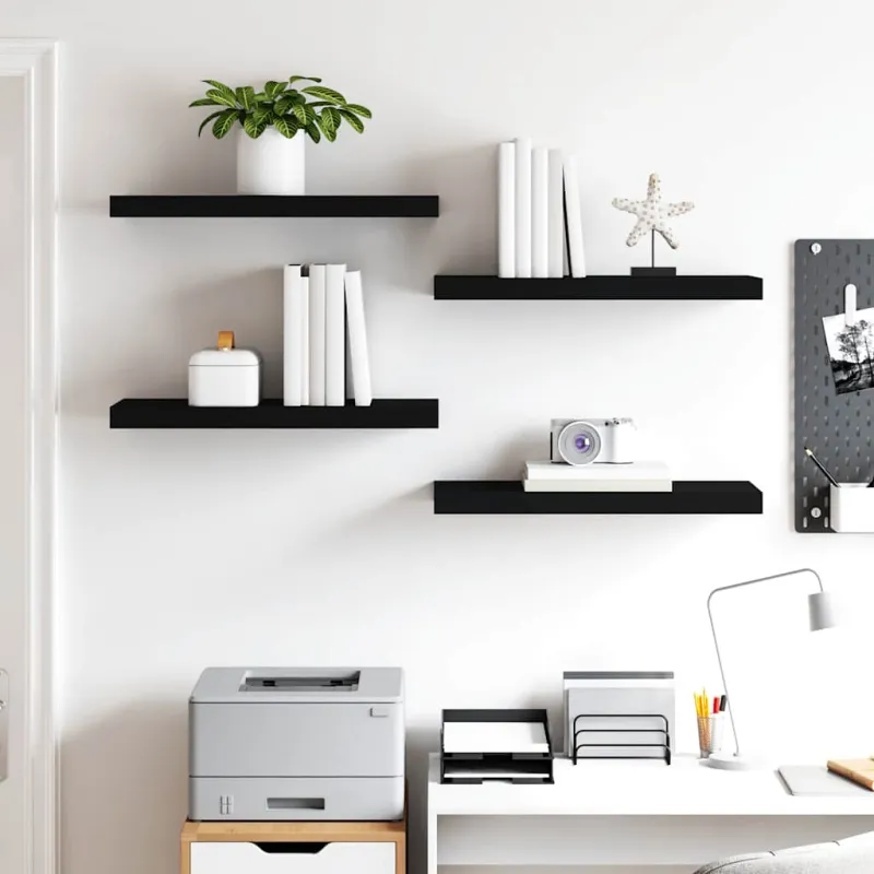 Pakabinamos lentynos, 4vnt., juodos, 60x23,5x3,8cm, MDF