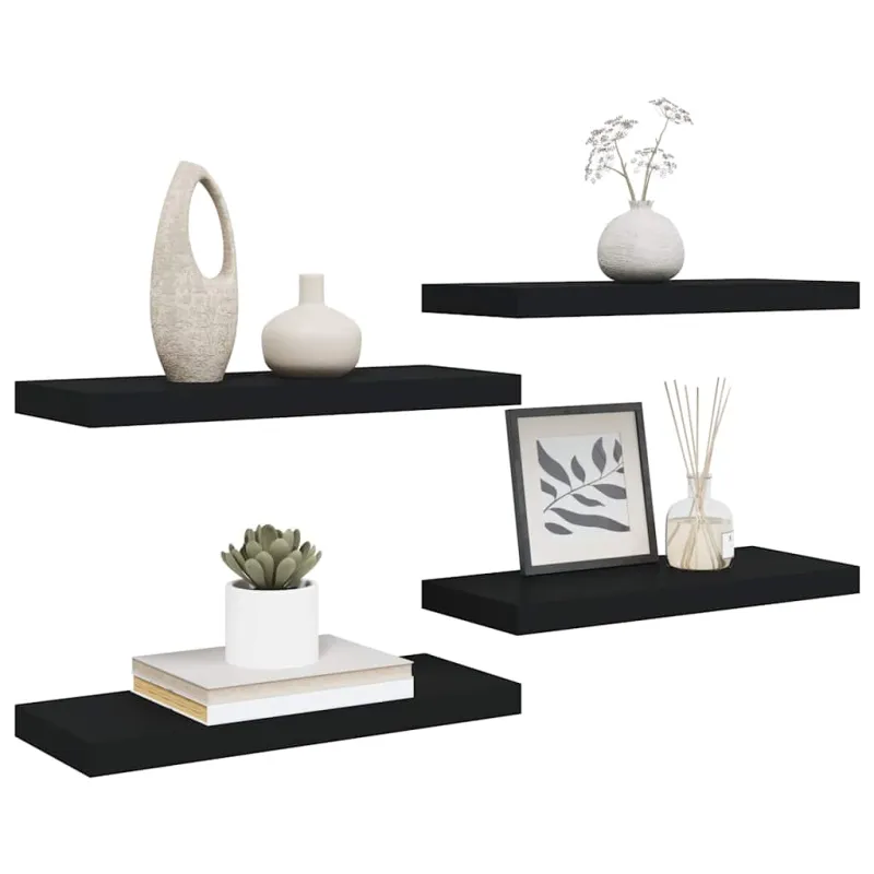 Pakabinamos lentynos, 4vnt., juodos, 60x23,5x3,8cm, MDF