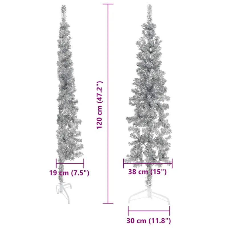 Siaura dirbtinė pusinė Kalėdų eglutė su stovu, sidabrinė, 120cm