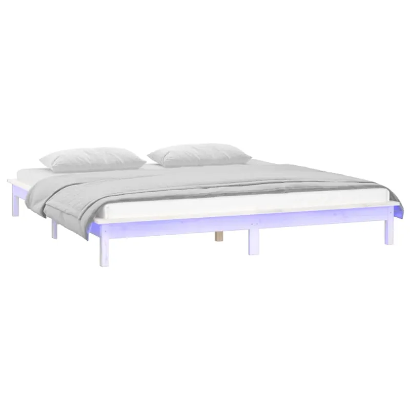 Lovos rėmas su LED, baltos spalvos, 140x190cm, medienos masyvas