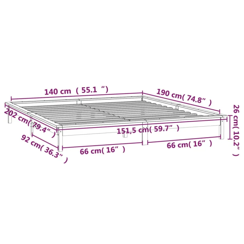 Lovos rėmas su LED, baltos spalvos, 140x190cm, medienos masyvas