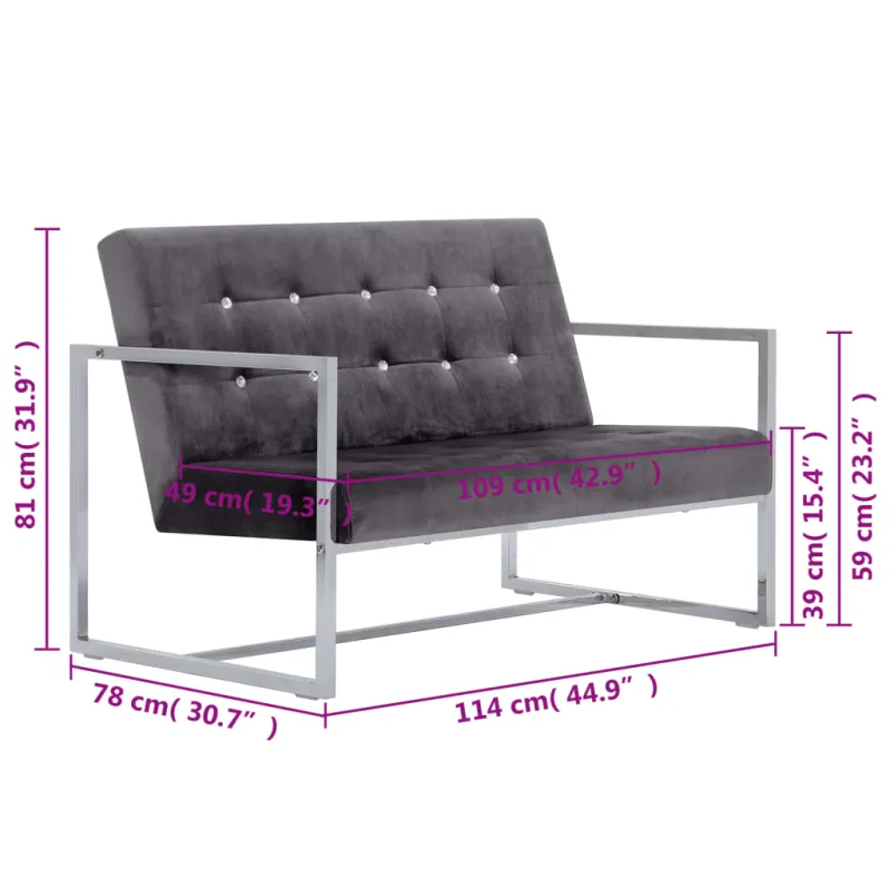 Dvivietė sofa su porankiais, tamsiai pilka, chromas ir aksomas