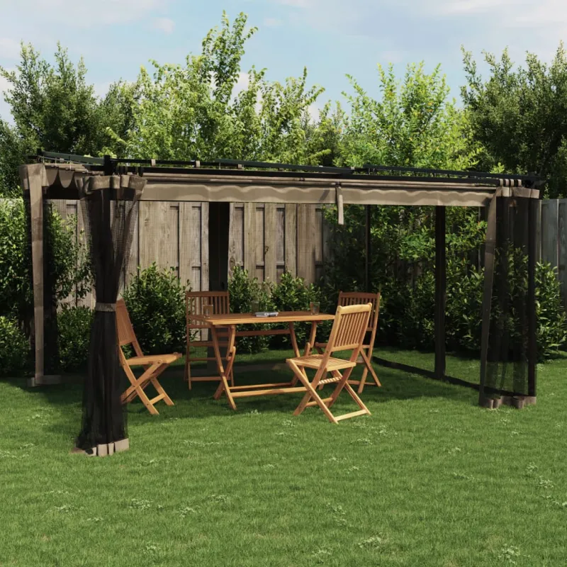 Pavėsinė su tinklinėmis sienelėmis, taupe, 4x3m, plienas