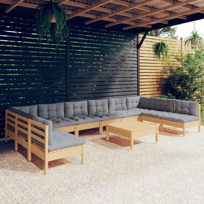 Sodo komplekti pilkoinen pehmustein, 11 osaa, mänty