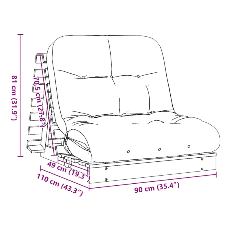Futono sofa-lova su čiužiniu, balta, 90x206x11cm, pušis