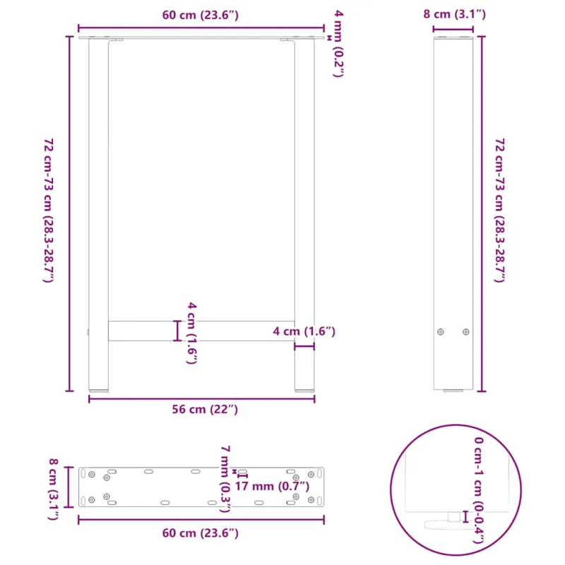 Valgomojo stalo kojos, juodos, 2 vnt., 60x(72-73) cm, plienas