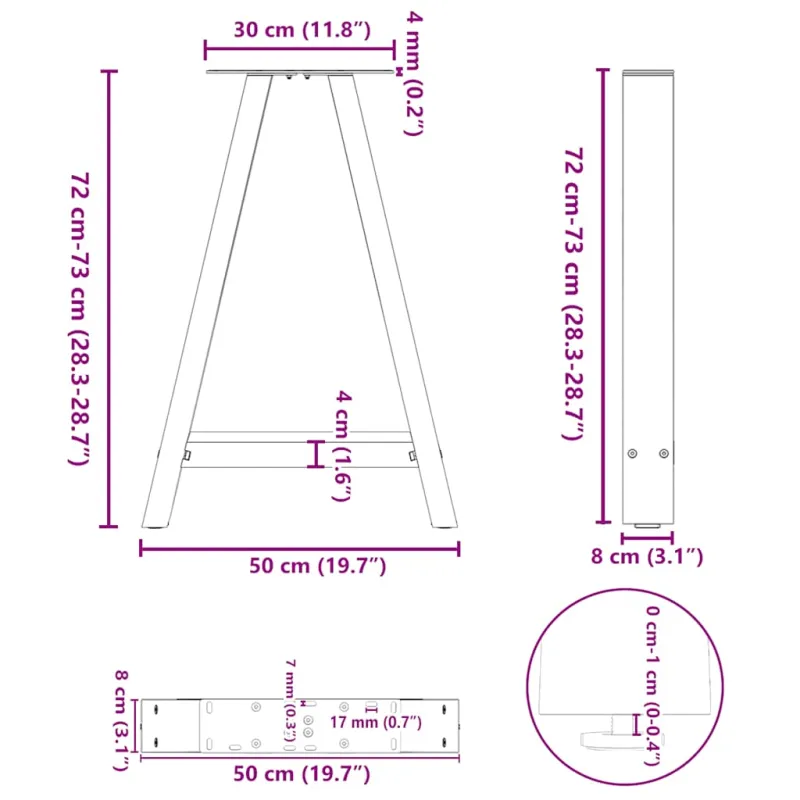 Valgomojo stalo kojos, 2 vnt., antracito spalvos, 50x(72-73) cm, plienas, A formos