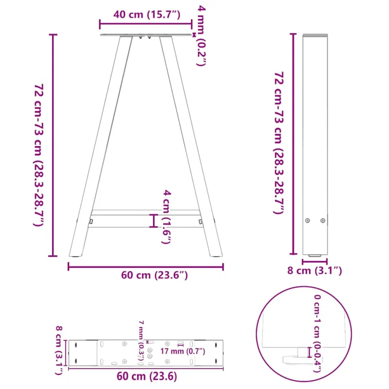 Valgomojo stalo kojos, 2 vnt., antracito spalvos, 60x(72-73) cm, plienas