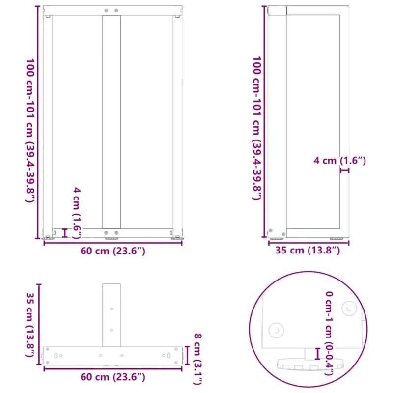 Baro stalo kojos, T formos, 2 vnt., antracito spalvos, 60x35x(100-101) cm, plienas