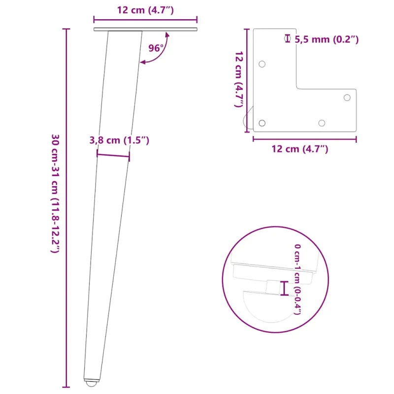 Kavos staliuko kojelės, kūginės, 4 vnt., juodos, 30-31 cm, plienas
