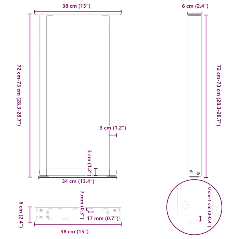 Konsolinio staliuko kojelės, U formos, 2 vnt., juodos, 38x(72-73) cm, plienas