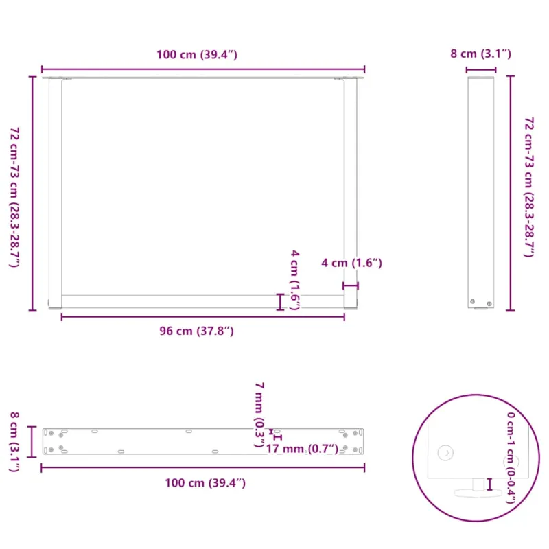 Valgomojo stalo kojos, U formos, 2 vnt., antracito spalvos, 100x(72-73) cm, plienas