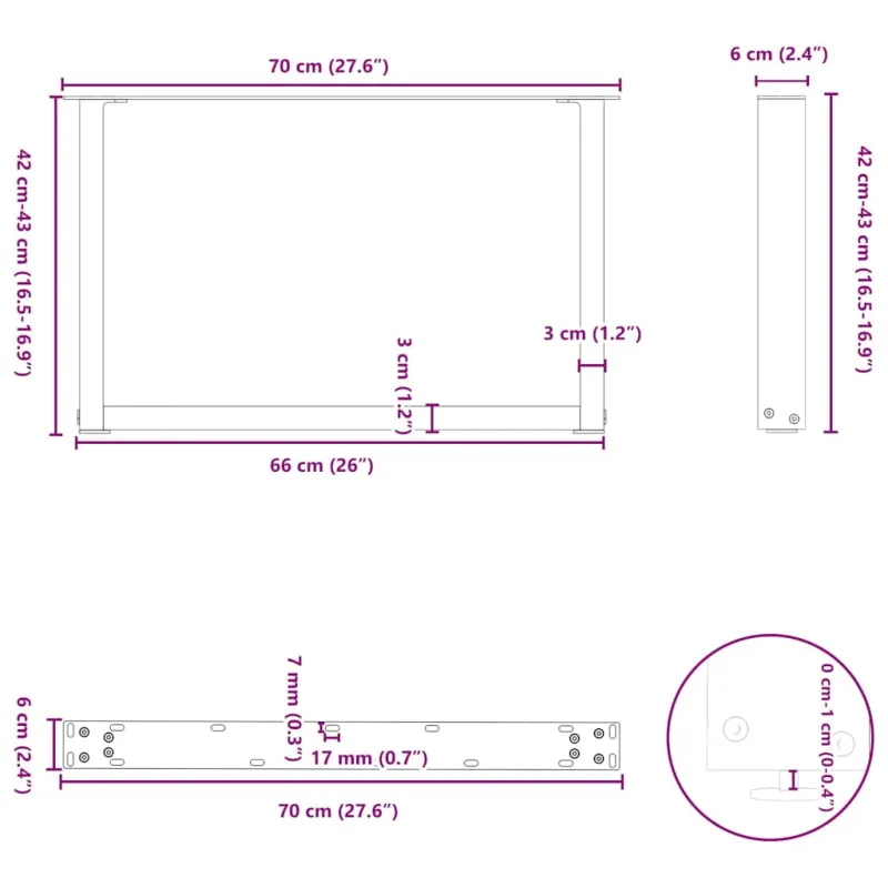 Kavos staliuko kojelės, 2 vnt., juodos, 70x(42-43) cm, plienas, U formos