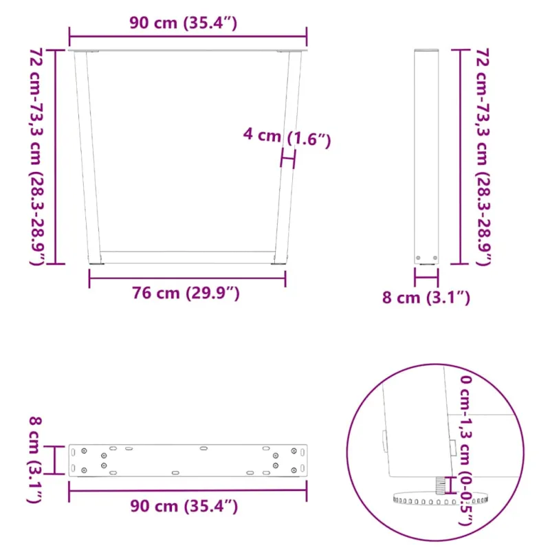 Valgomojo stalo kojos, 3 vnt., antracito spalvos, 90x(72-73,3) cm, plienas