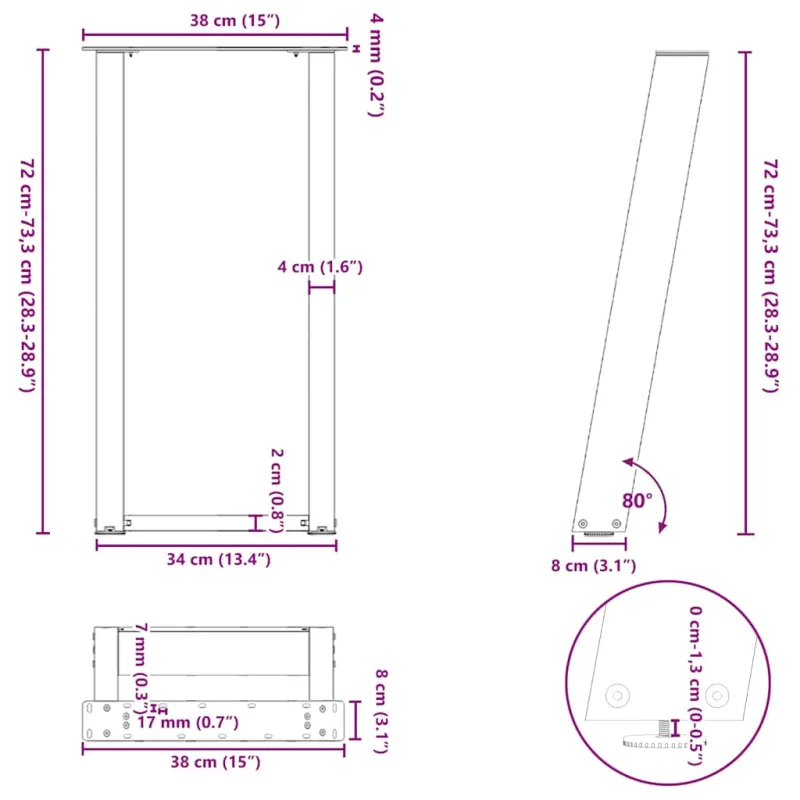 Konsolinio stalo kojos, U formos, 2 vnt., antracito spalvos, 38x(72-73) cm, plienas