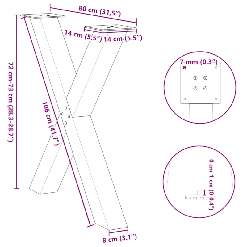 Valgomojo stalo kojos, 2 vnt., baltos, 80x(72-73) cm, plienas, X formos