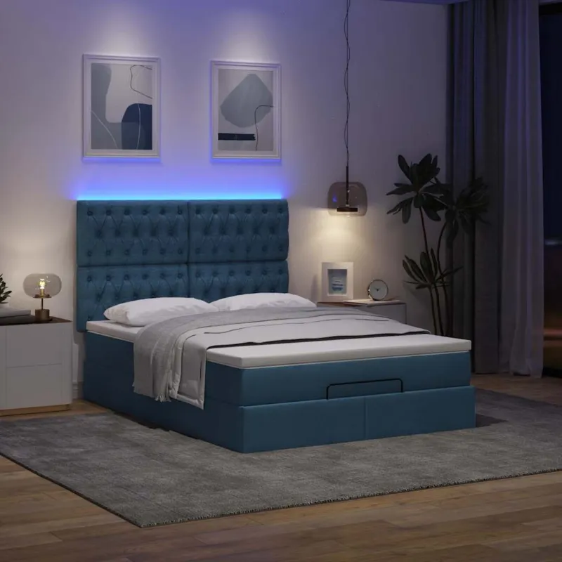 Osmanų lova su čiužiniu ir LED Mėlynas 140x190cm audinys