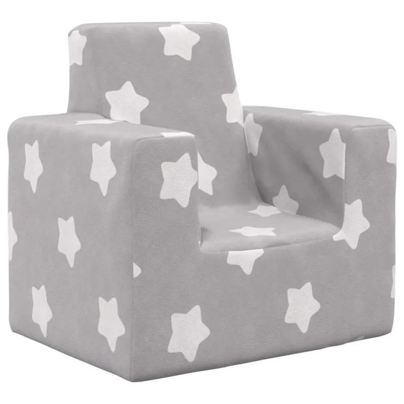 Vaikiška sofa, šviesiai pilka, minkštas pliušas, su žvaigždėmis