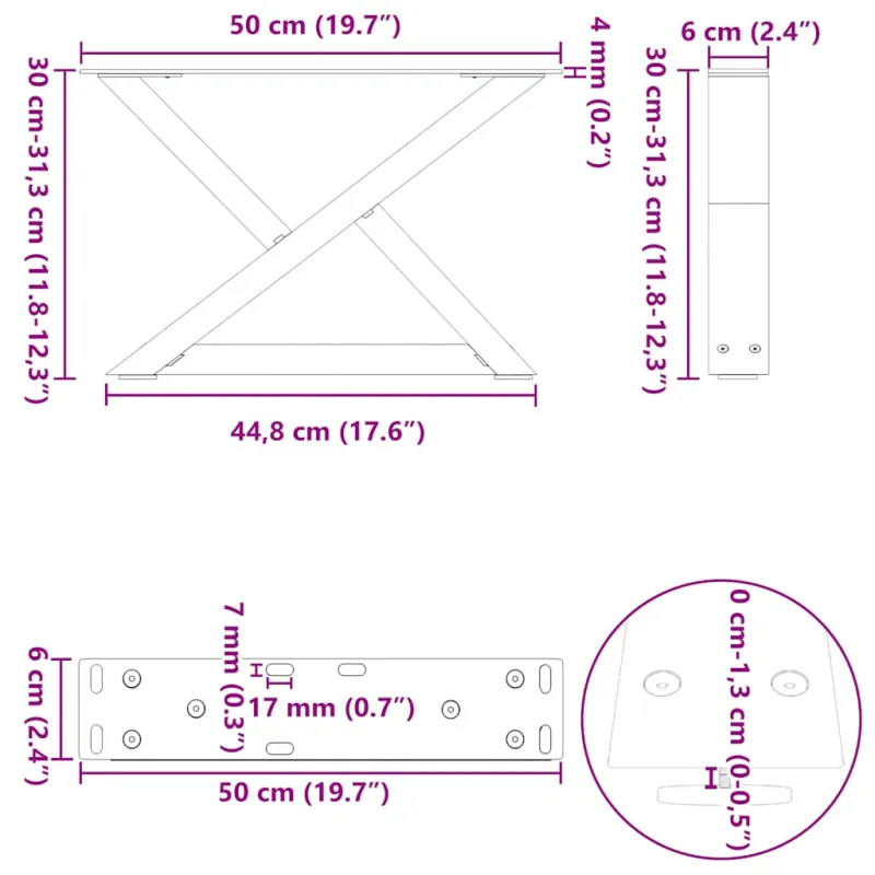 Kavos staliuko kojelės, 2 vnt., natūralus plienas, 50x(30-31,3) cm, plienas
