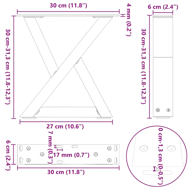 Kavos staliuko kojelės, 2 vnt., natūralus plienas, 30x(30-31,3) cm, plienas