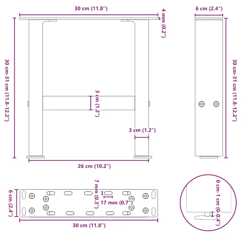 Kavos staliuko kojelės, 2 vnt., 30x(30-31) cm, natūralus plienas