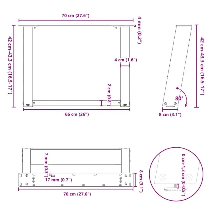 Kavos staliuko kojelės, U formos, 2 vnt., natūralus plienas, 70x(42-43) cm, plienas