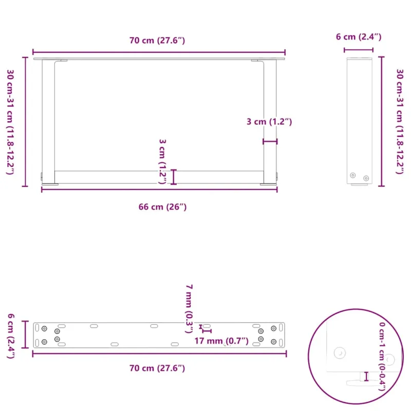 Kavos staliuko kojelės, U formos, 2 vnt., natūralus plienas, 70x(30-31) cm, plienas