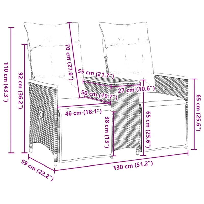 Atlošiama sodo sofa, 2 vietų, su staliuku, pilka, polirotangas
