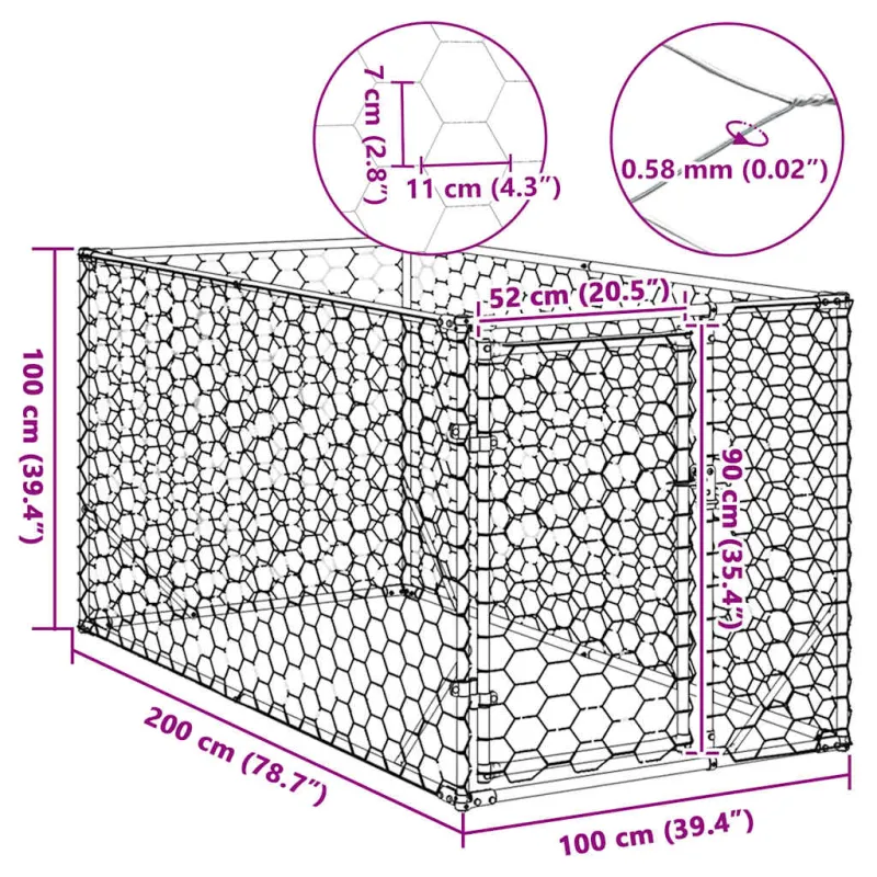Lauko šunų voljeras su durelėmis, 2x1x1 m, cinkuotas plienas