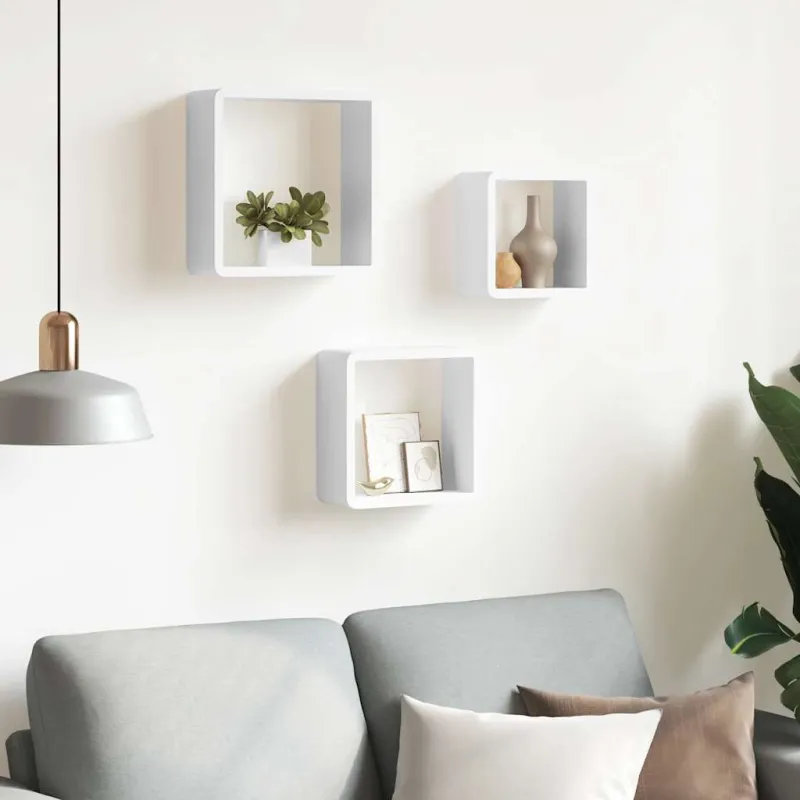 Sieninės lentynos, 3vnt., baltos spalvos, MDF, kubo formos
