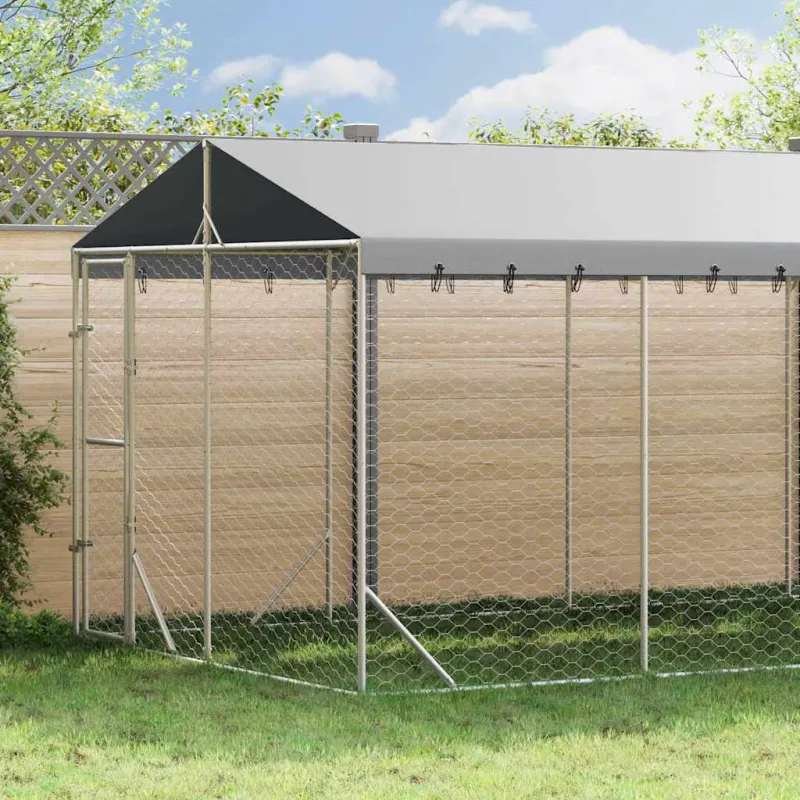 Lauko voljeras šunims su stogu, sidabrinis, 3x7,5x2,5m, plienas