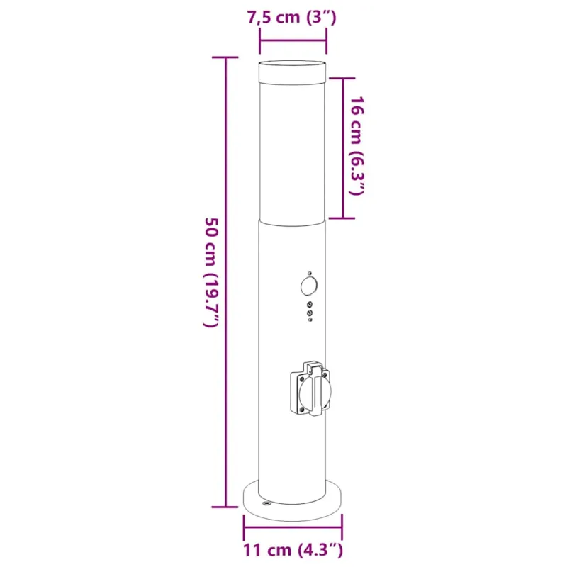 Apsauginis šviestuvas su jutikliu ir lizdu, 50 cm, nerūdijantis plienas, IP44