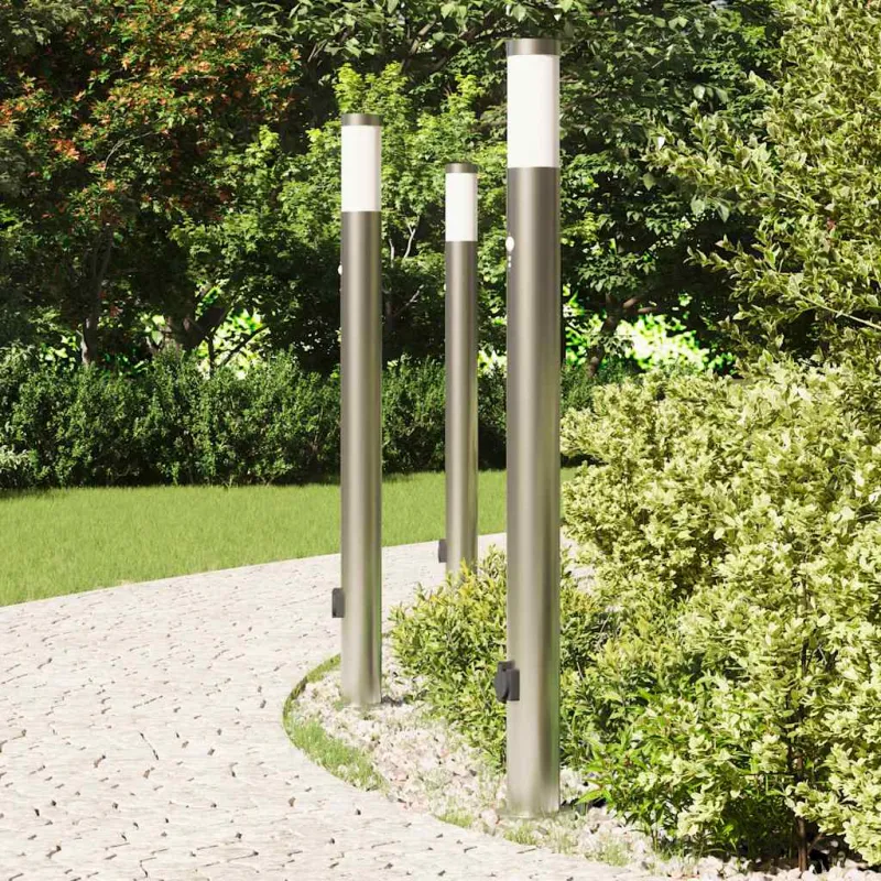 Apšvietimo stulpeliai su jutikliu ir lizdu, 3 vnt., 110 cm, nerūdijantis plienas, IP44