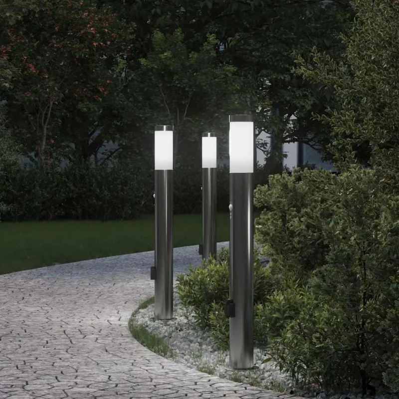 Apšvietimo stulpeliai su jutikliu ir lizdu, 3 vnt., 80 cm, nerūdijantis plienas, IP44