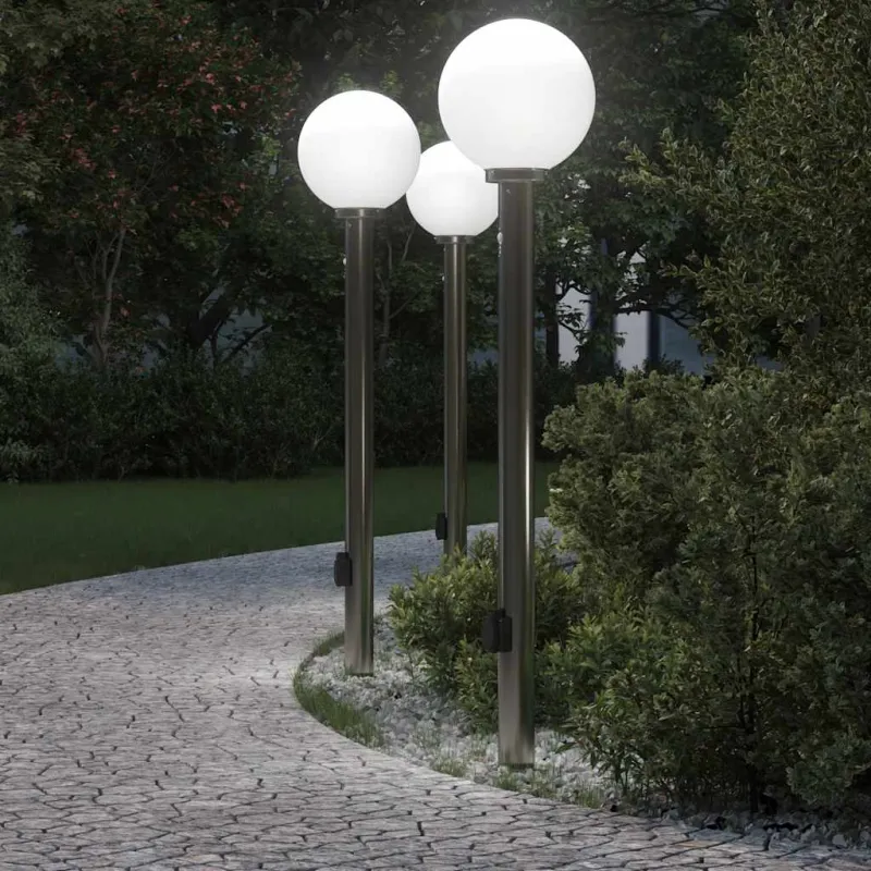 Apšvietimo stulpeliai su jutikliu ir lizdu, 3 vnt., 120 cm, nerūdijantis plienas, IP44